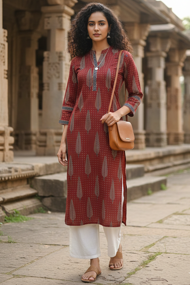 Maroon cotton jaipuri floral printed kurti