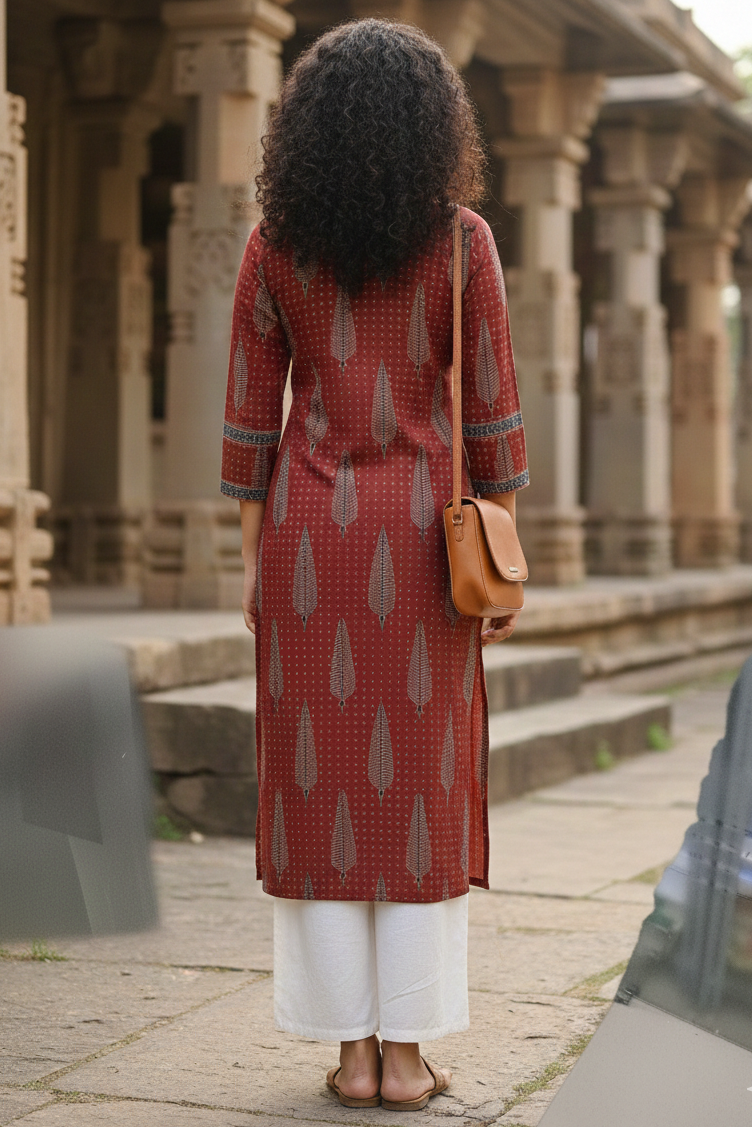 Maroon cotton jaipuri floral printed kurti