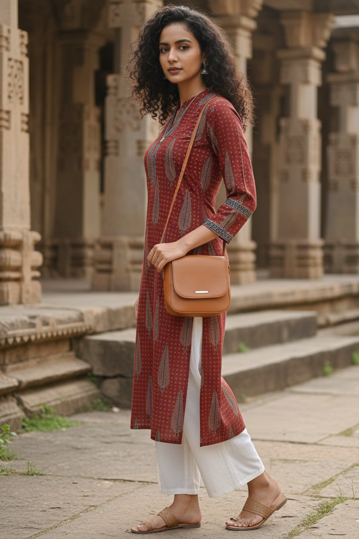 Maroon cotton jaipuri floral printed kurti
