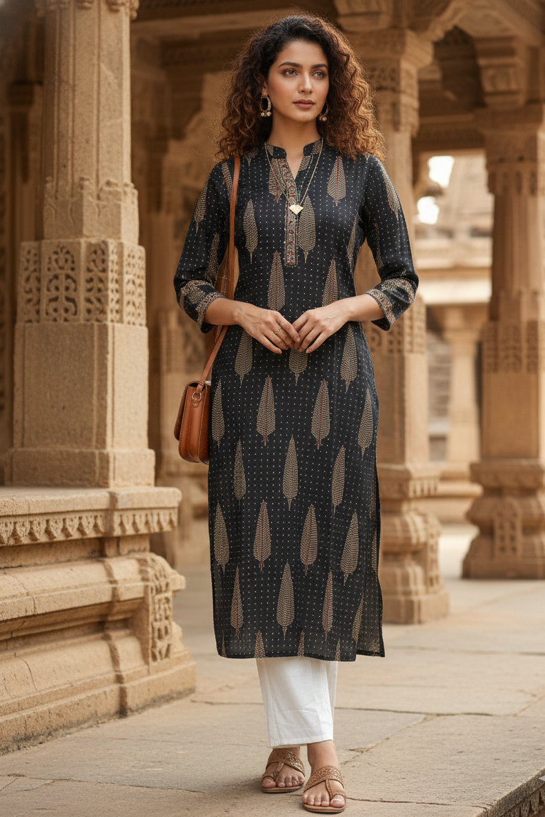 Black cotton jaipuri floral printed kurti