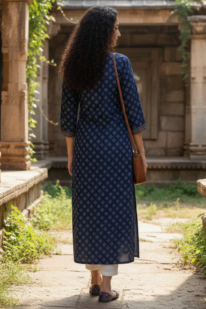 Blue cotton jaipuri floral printed kurti