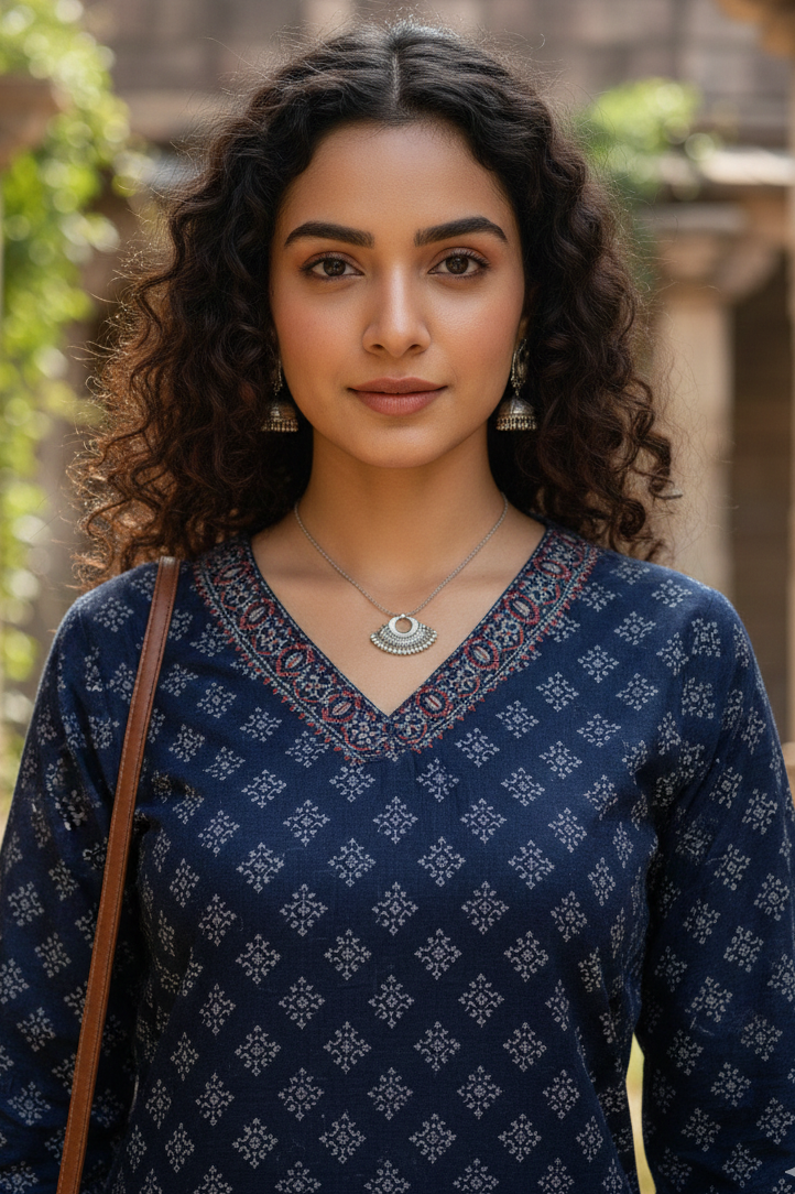 Blue cotton jaipuri floral printed kurti