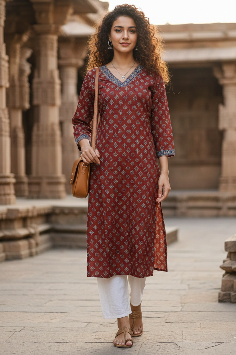 Maroon cotton jaipuri floral printed kurti