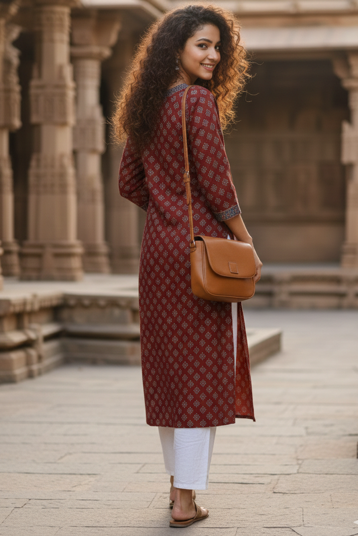 Maroon cotton jaipuri floral printed kurti