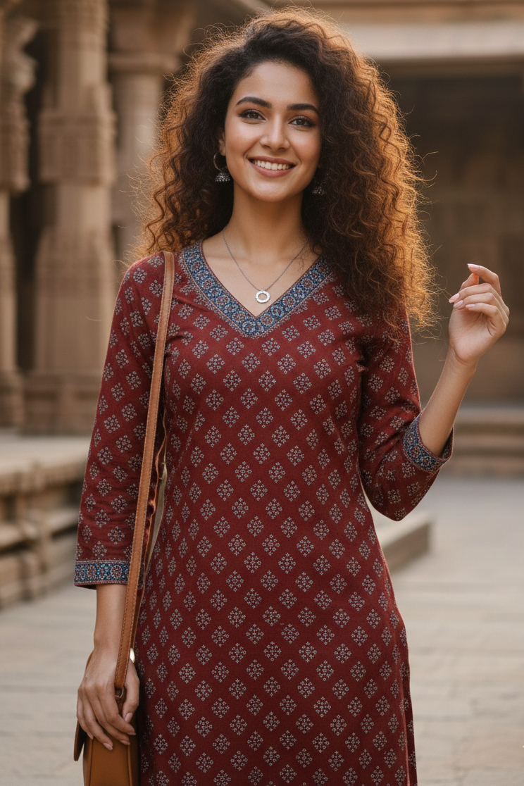 Maroon cotton jaipuri floral printed kurti