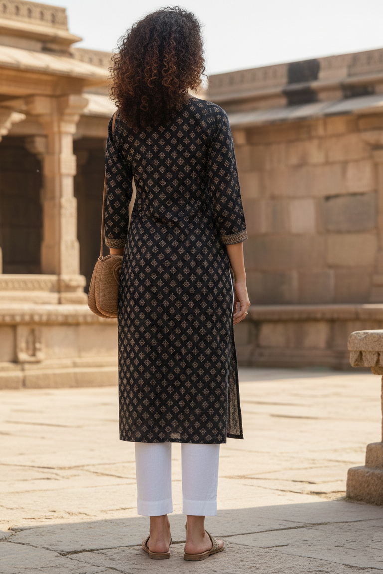Black cotton jaipuri floral printed kurti