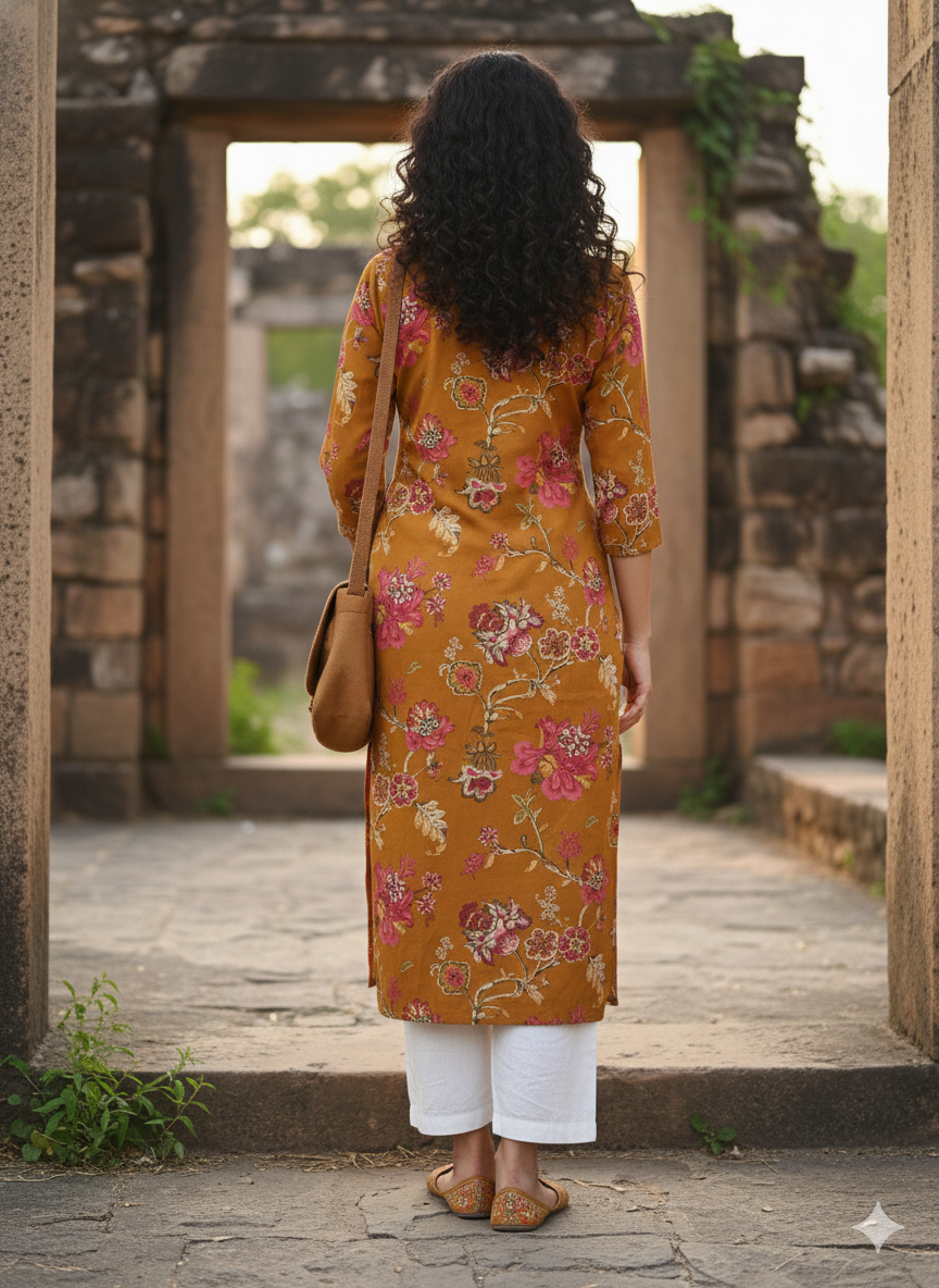 Mustard yellow pure cotton jaipuri floral printed kurti