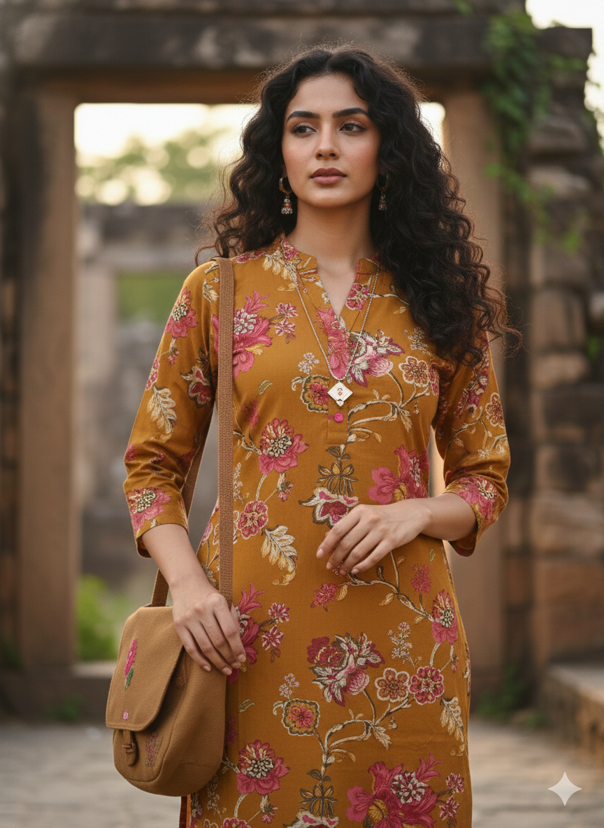 Mustard yellow pure cotton jaipuri floral printed kurti