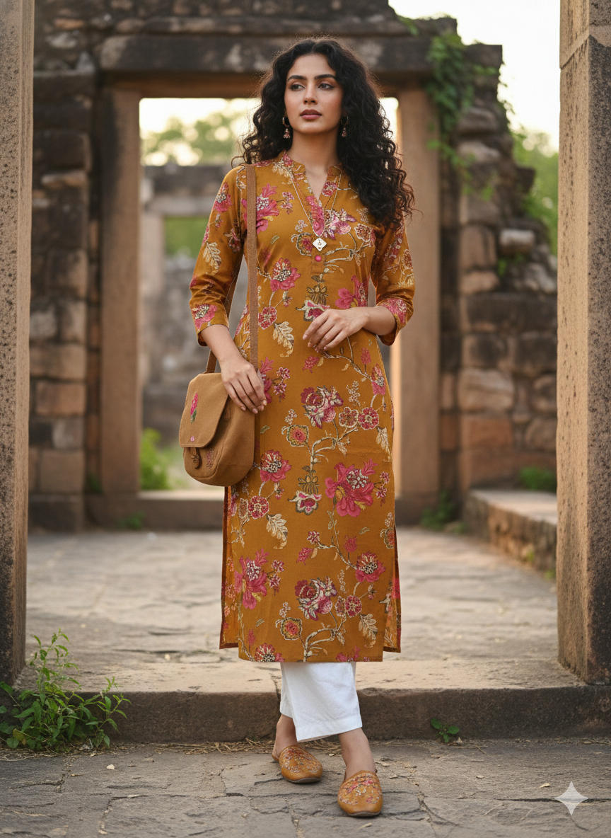 Mustard yellow pure cotton jaipuri floral printed kurti