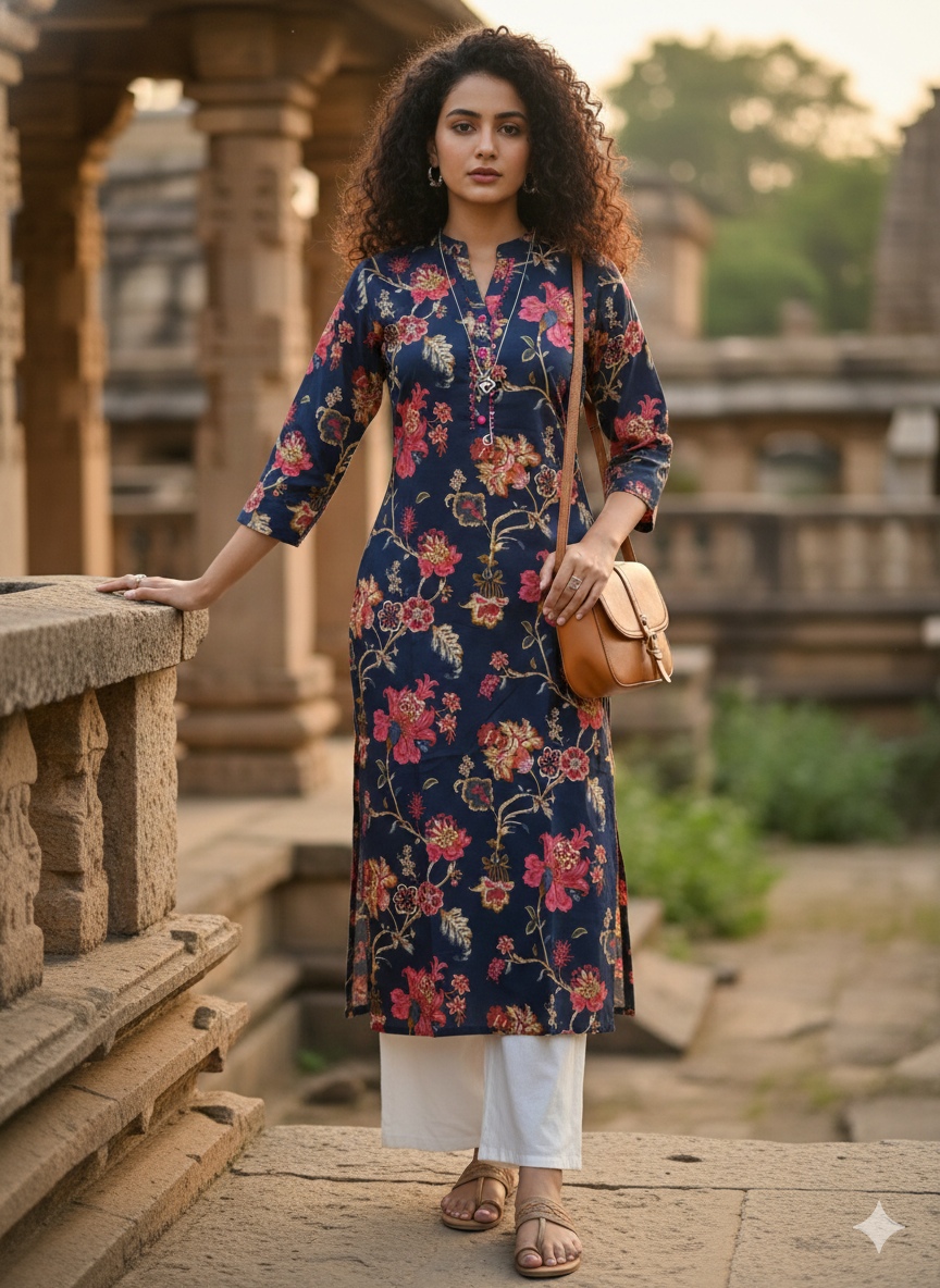 Blue pure cotton jaipuri floral printed kurti
