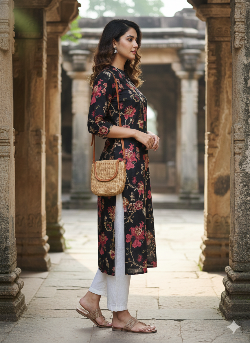 Grey pure cotton jaipuri floral printed kurti