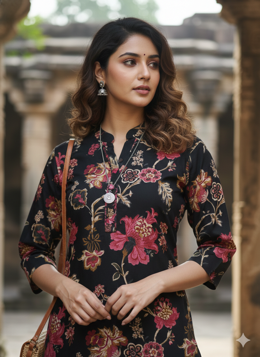 Grey pure cotton jaipuri floral printed kurti