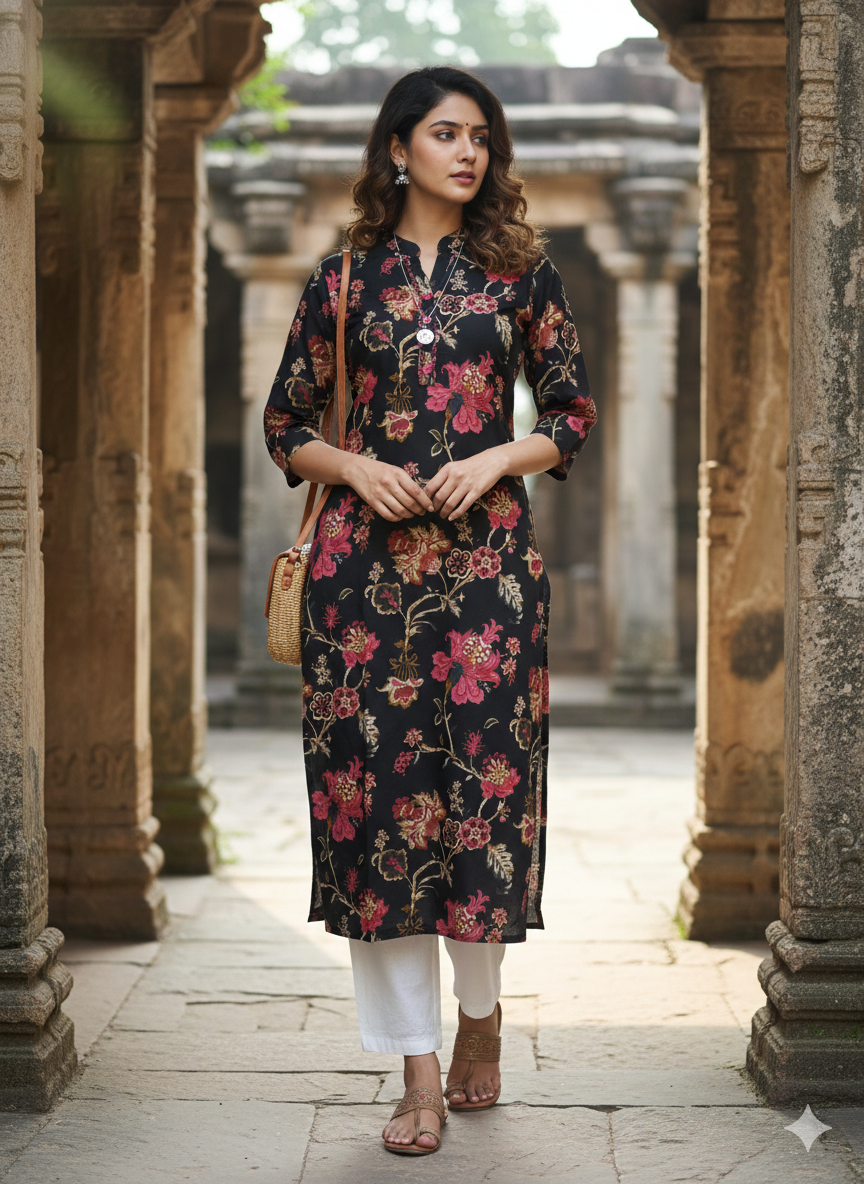 Grey pure cotton jaipuri floral printed kurti