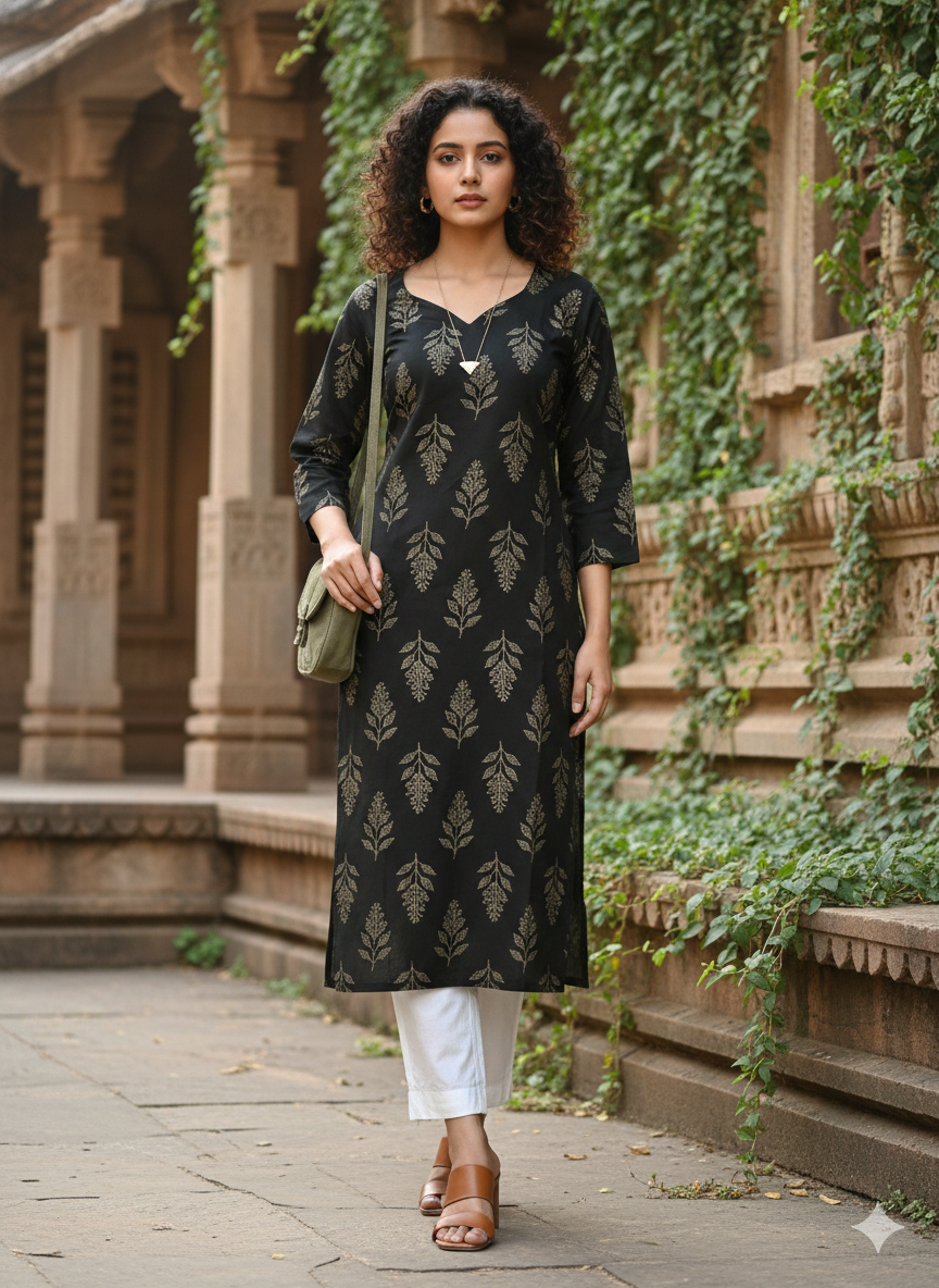 Bottle green pure cotton jaipuri floral printed kurti