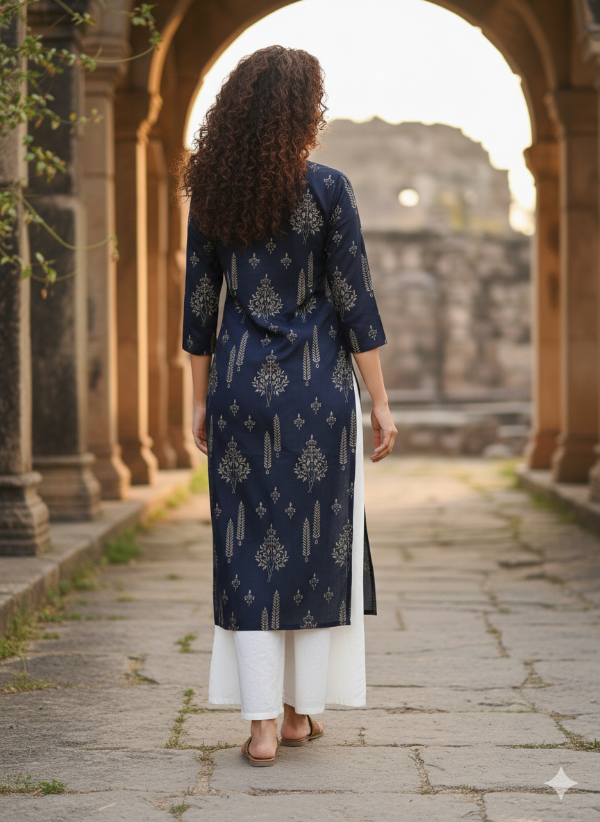 Navy blue pure cotton jaipuri floral printed kurti