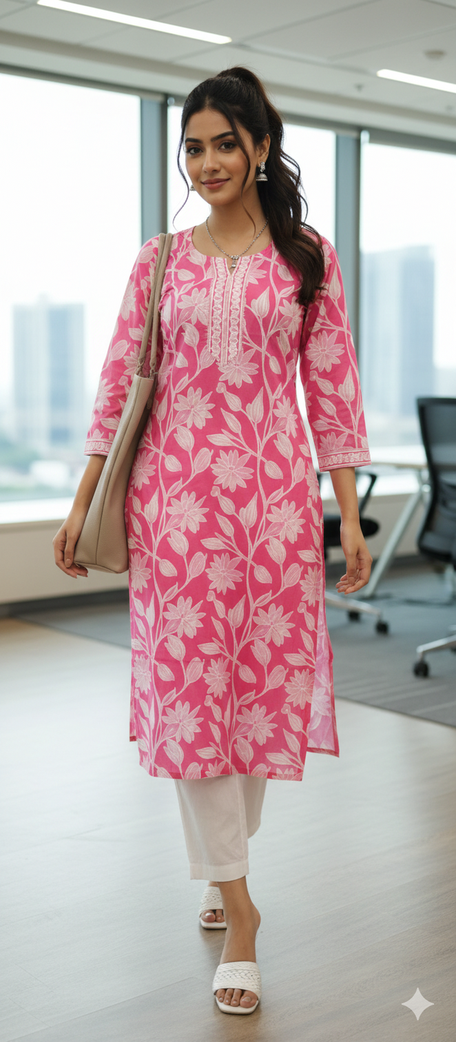 Baby pink pure cotton jaipuri floral printed kurti
