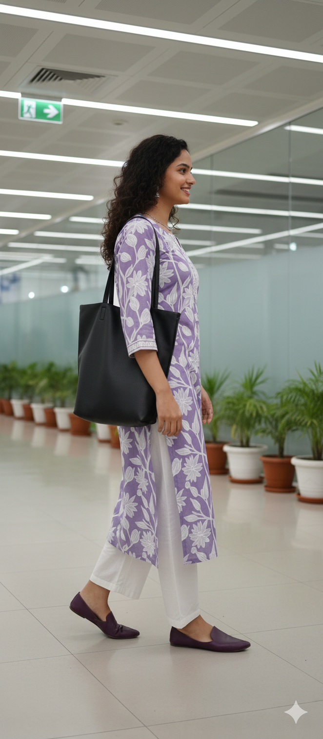 Lavender pure cotton jaipuri floral printed kurti