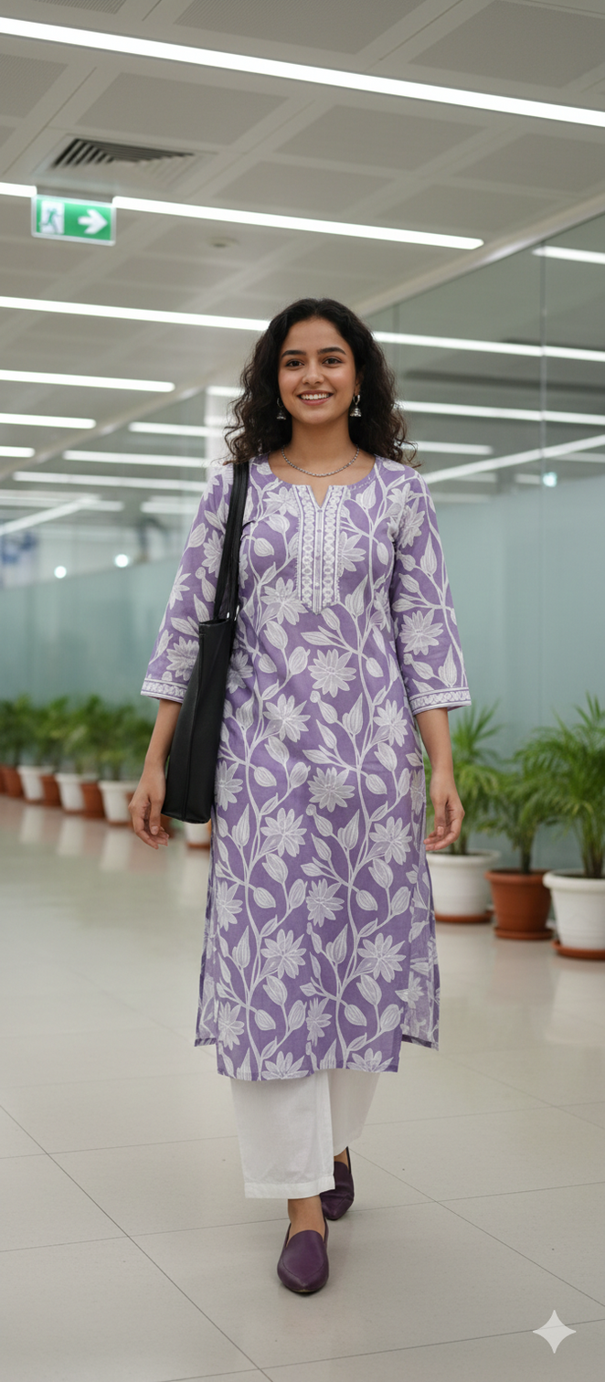 Lavender pure cotton jaipuri floral printed kurti