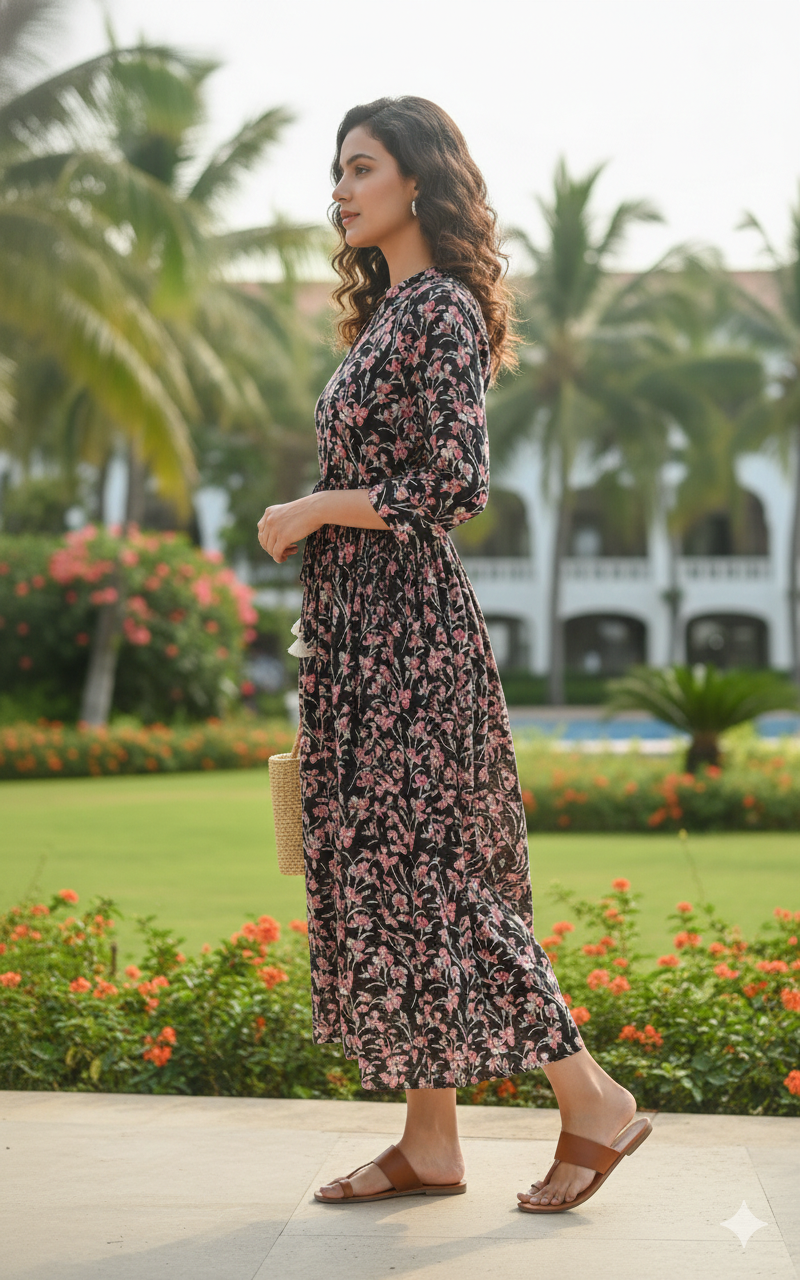 Midnight blossom elegance jaipuri printed western dress