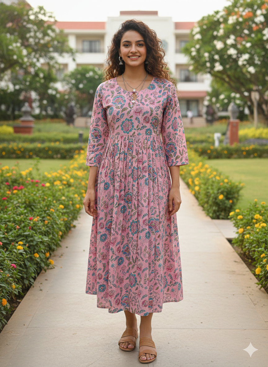 Pink petal jaipuri printed western dress
