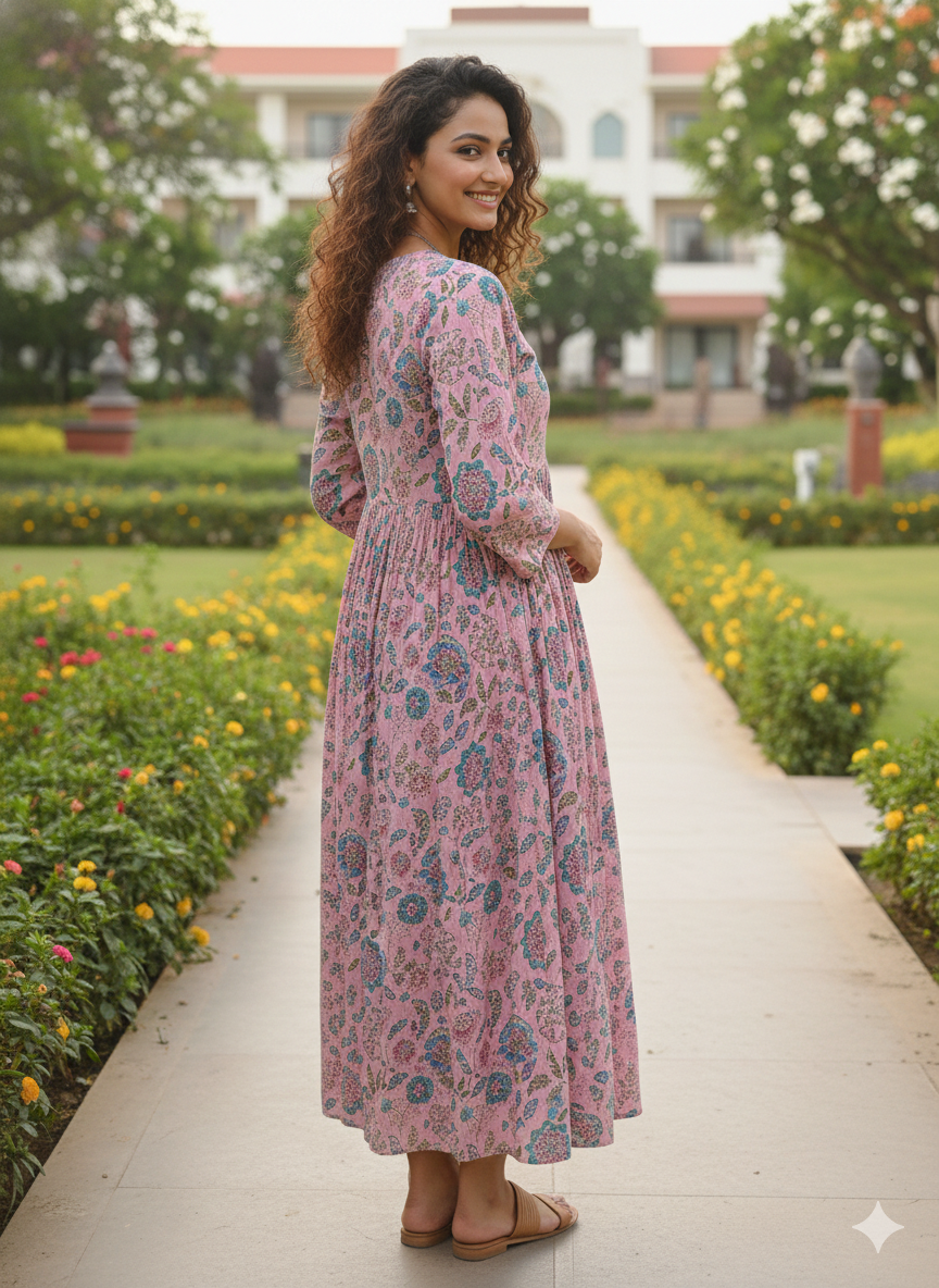 Pink petal jaipuri printed western dress