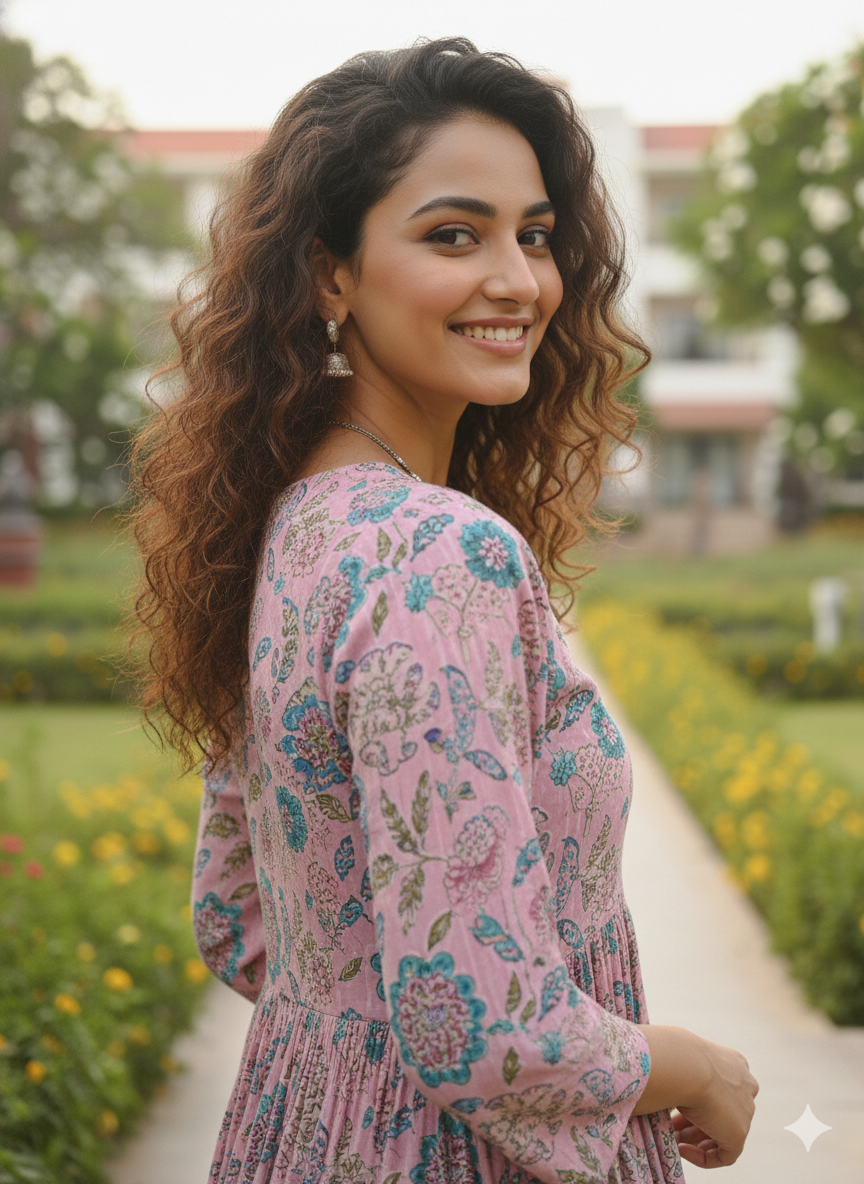 Pink petal jaipuri printed western dress
