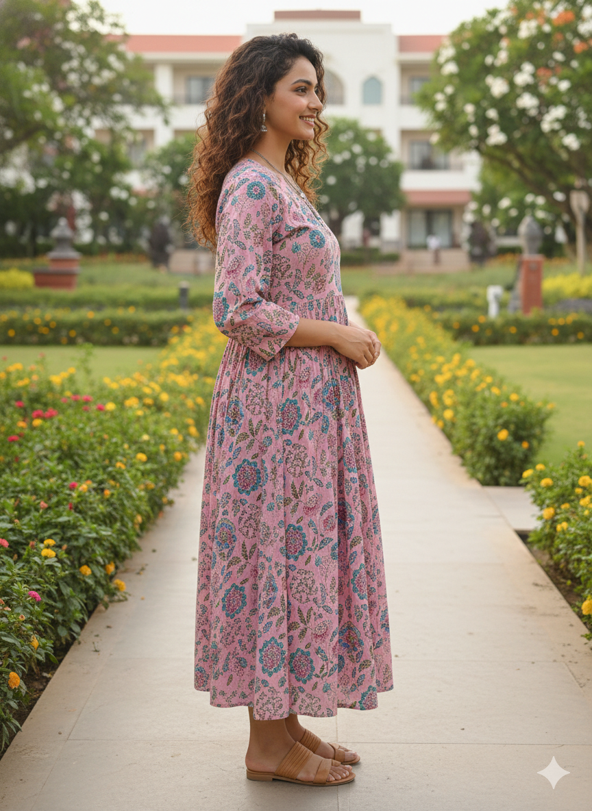 Pink petal jaipuri printed western dress