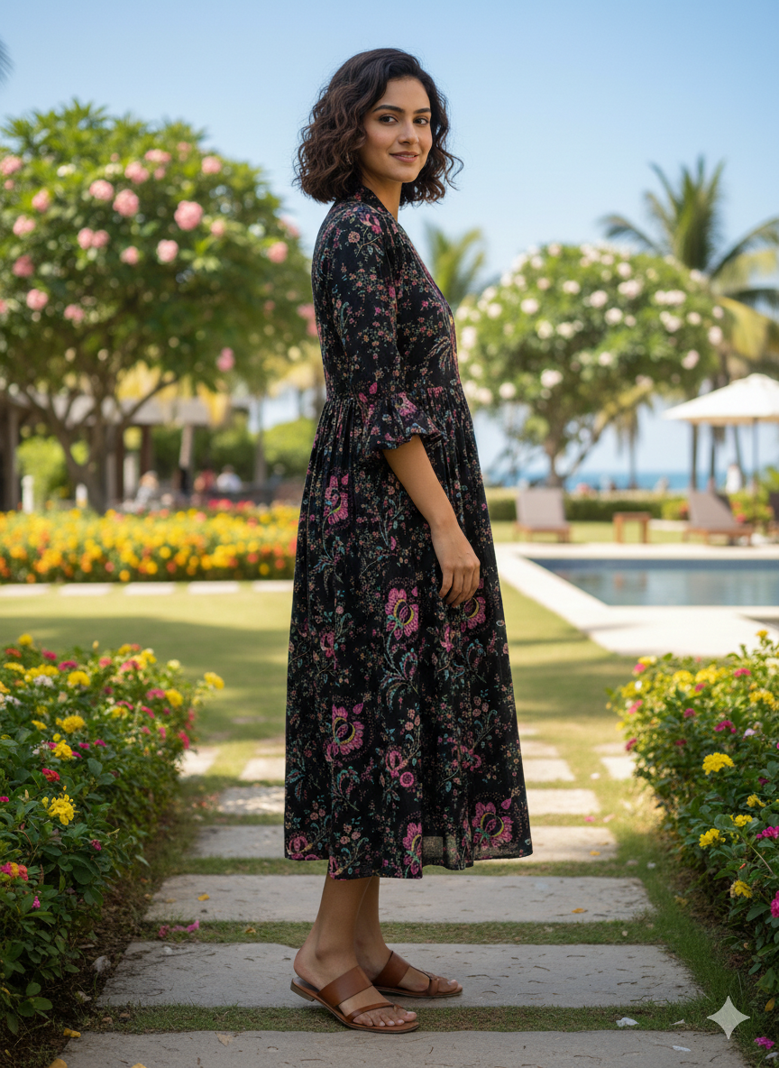 Midnight floral attire pure cotton jaipuri printed western dress