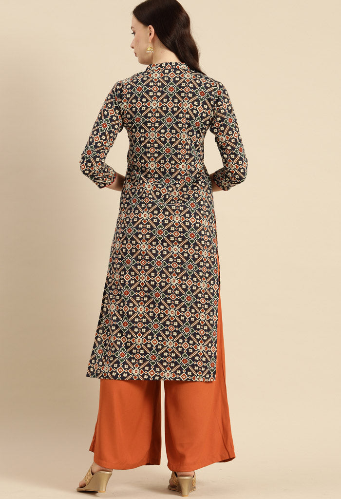 Navy blue and red pure cambric cotton jaipuri printed kurti