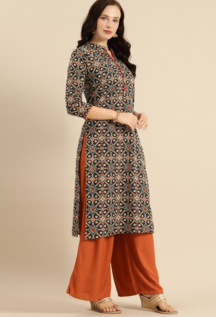 Navy blue and red pure cambric cotton jaipuri printed kurti