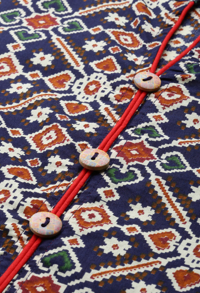 Navy blue and red pure cambric cotton jaipuri printed kurti