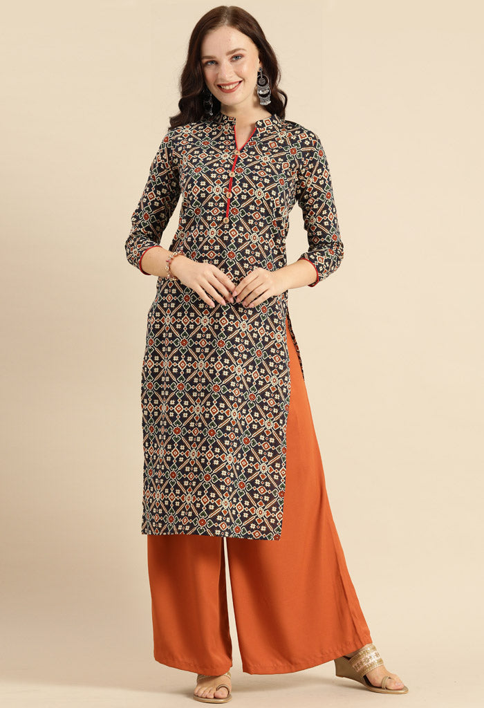 Navy blue and red pure cambric cotton jaipuri printed kurti