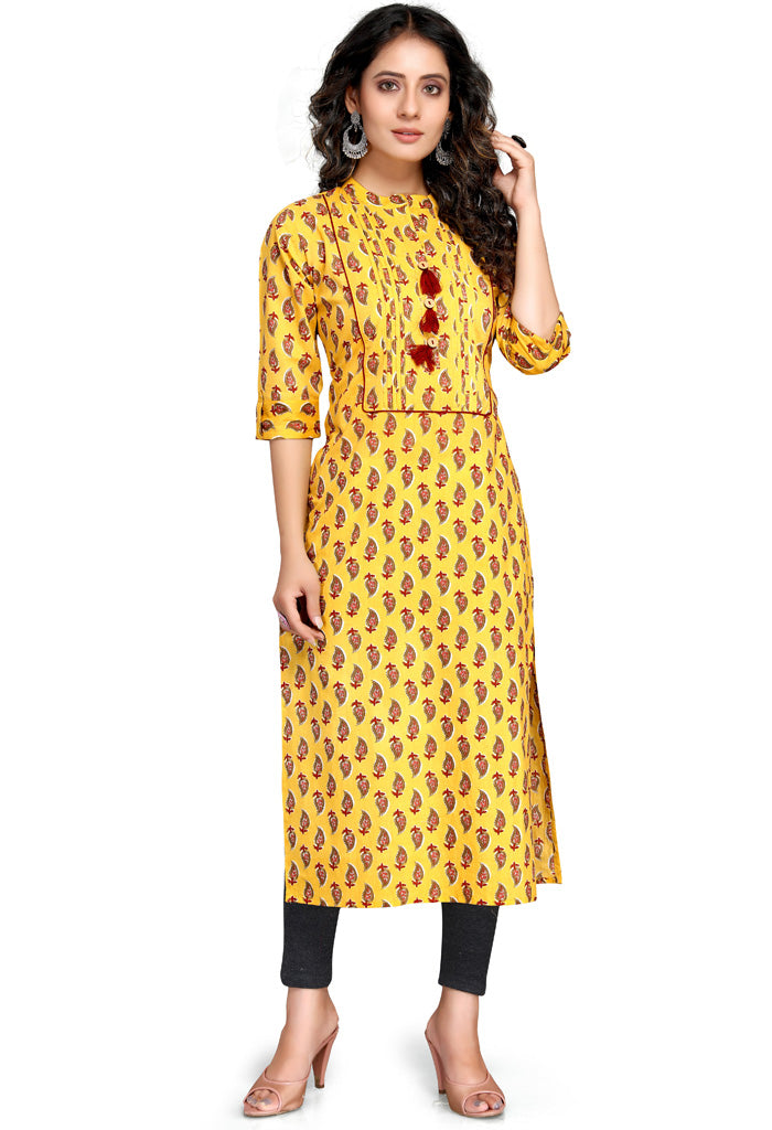 Yellow pure cambric cotton jaipuri printed kurti