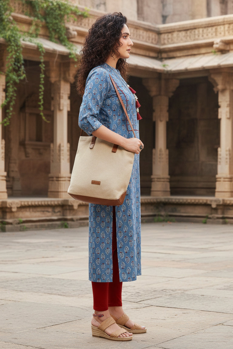 Blue pure cambric cotton jaipuri printed kurti