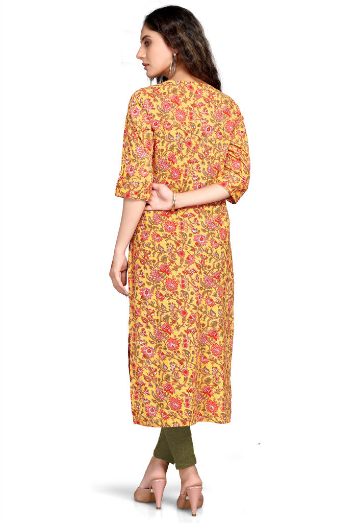 Yellow pure cambric cotton printed kurti