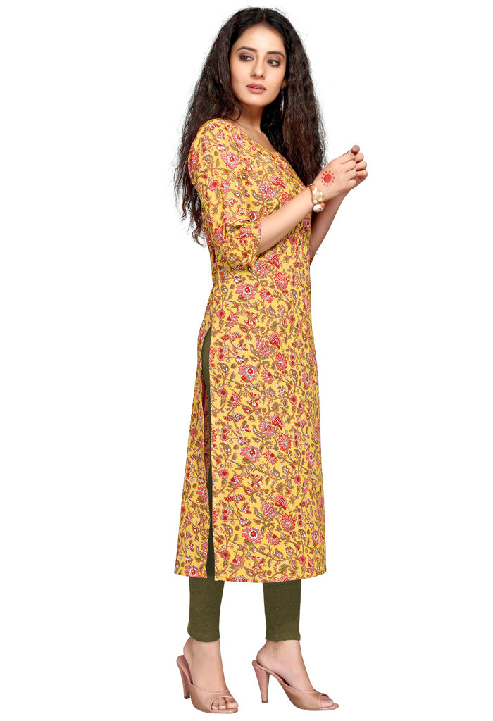 Yellow pure cambric cotton printed kurti