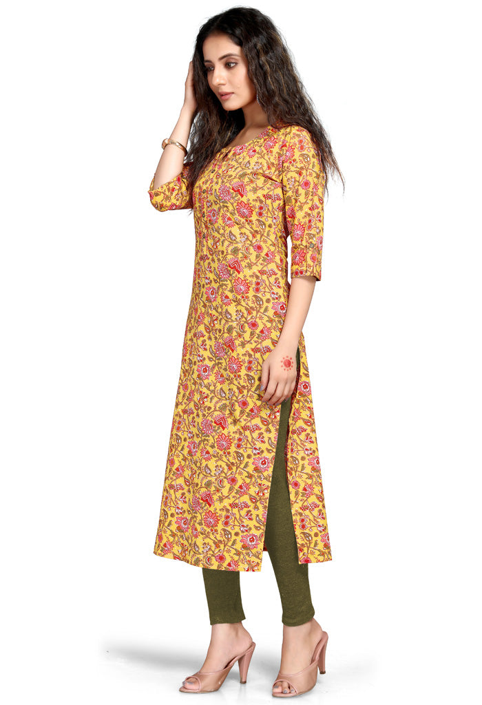 Yellow pure cambric cotton printed kurti