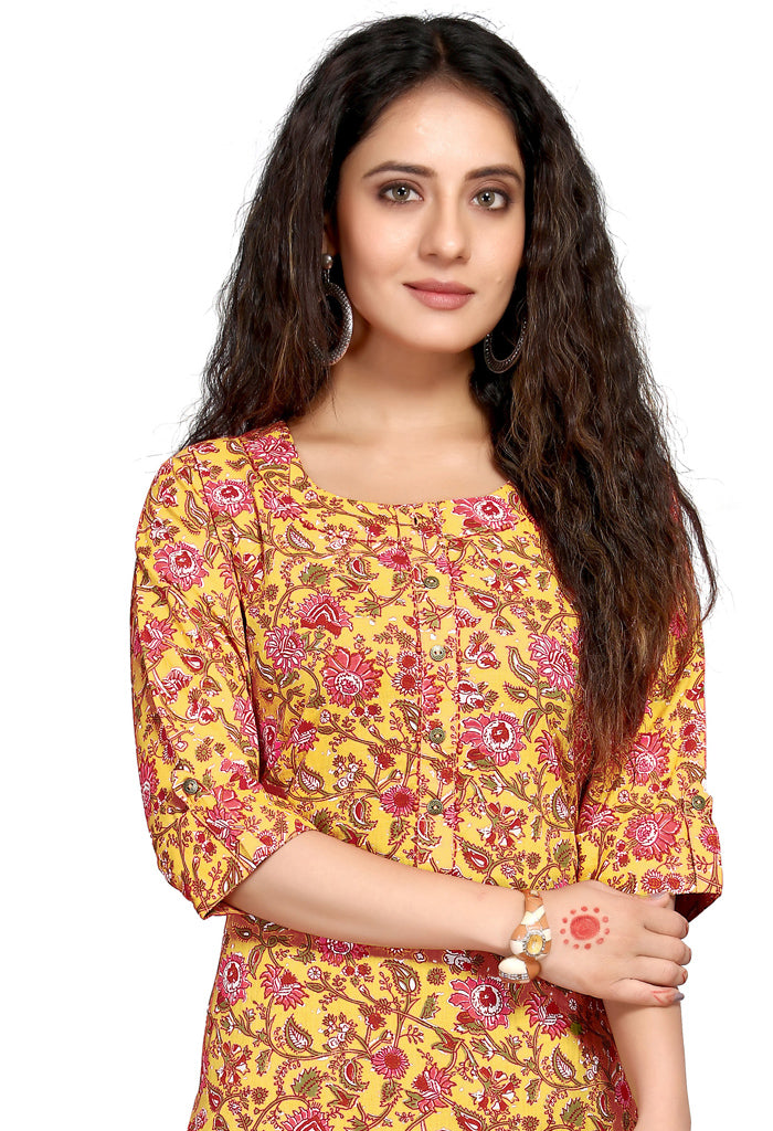 Yellow pure cambric cotton printed kurti