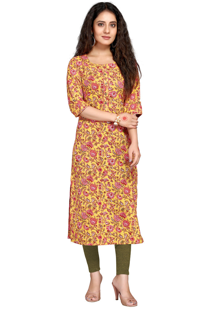 Yellow pure cambric cotton printed kurti