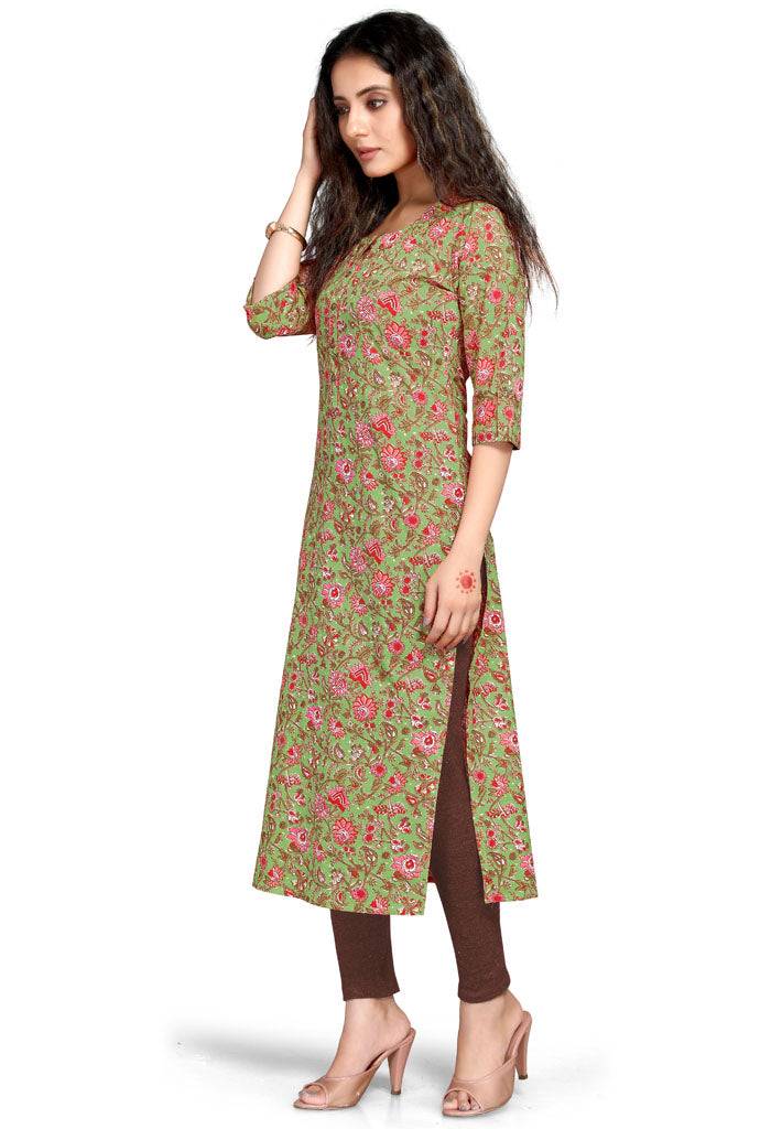 Green pure cambric cotton jaipuri printed kurti