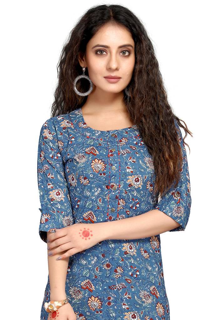 Blue pure cambric cotton jaipuri printed kurti