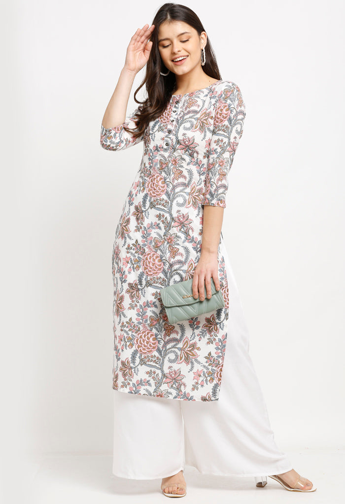 White and red pure cambric cotton jaipuri printed kurti