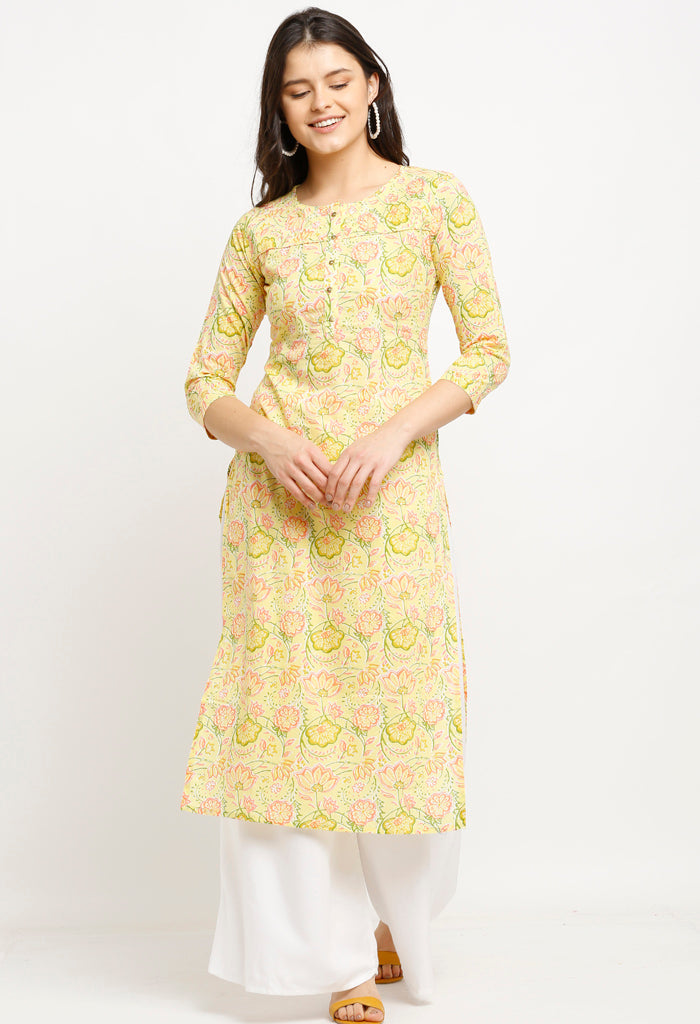 Yellow pure cambric cotton jaipuri printed kurti