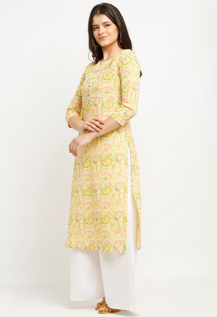 Yellow pure cambric cotton jaipuri printed kurti