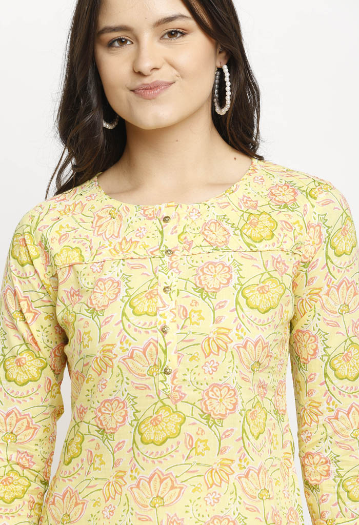 Yellow pure cambric cotton jaipuri printed kurti