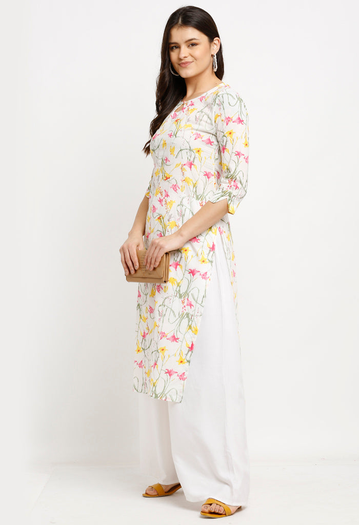 White pure cambric cotton jaipuri printed kurti