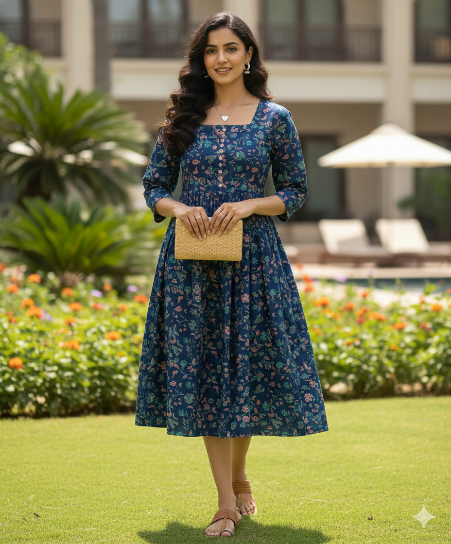 Blue garden delight pure cotton jaipuri printed western dress