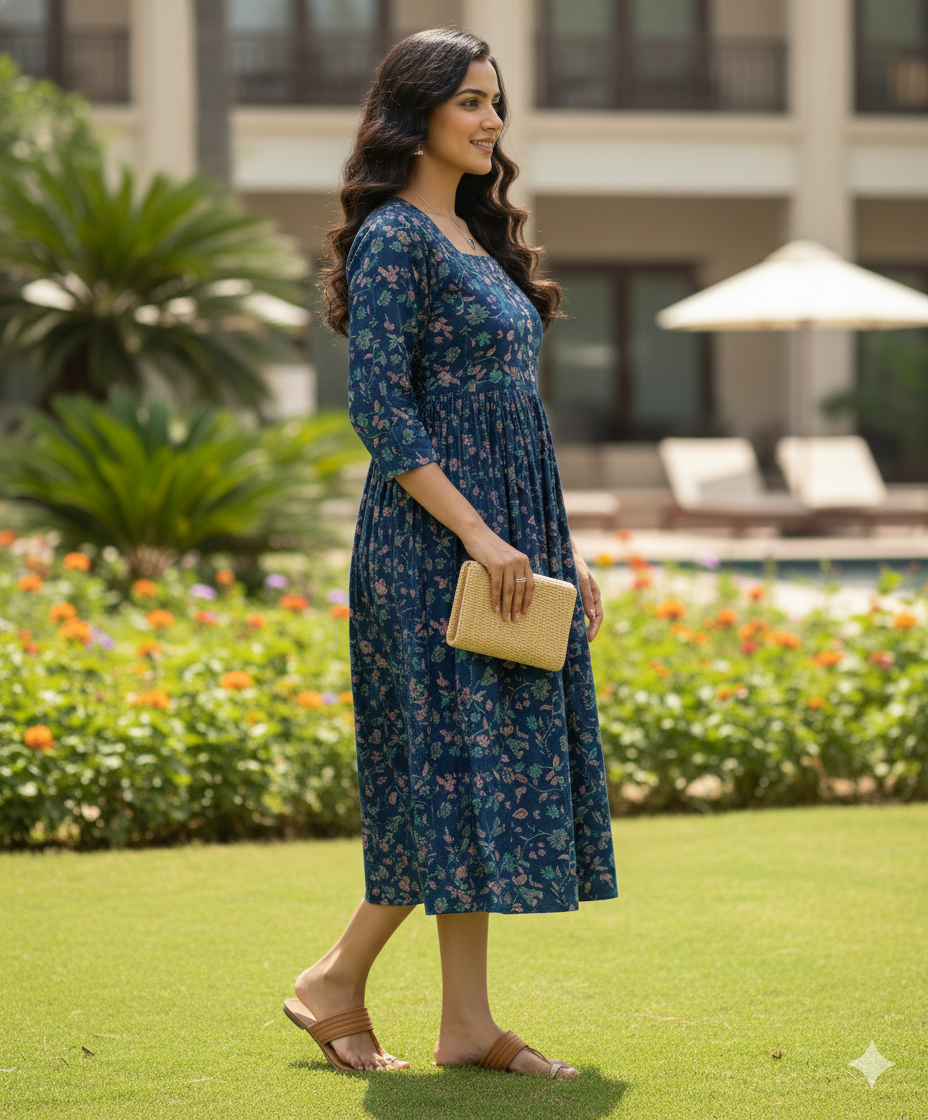 Blue garden delight pure cotton jaipuri printed western dress