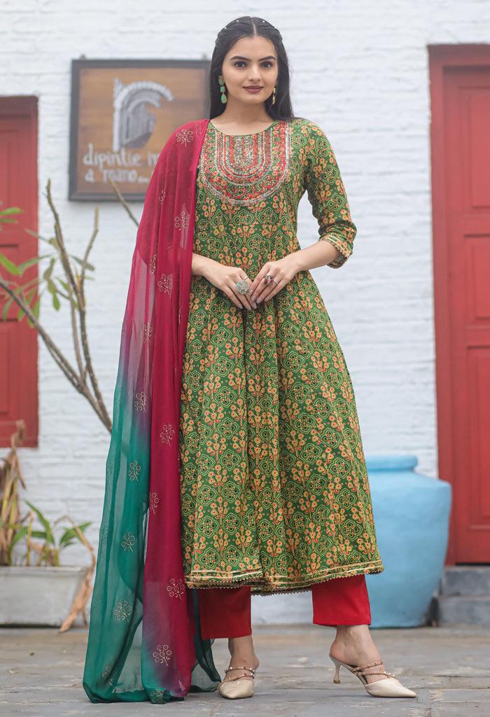 Green red pure cambric cotton embroidered kurta set with dupatta