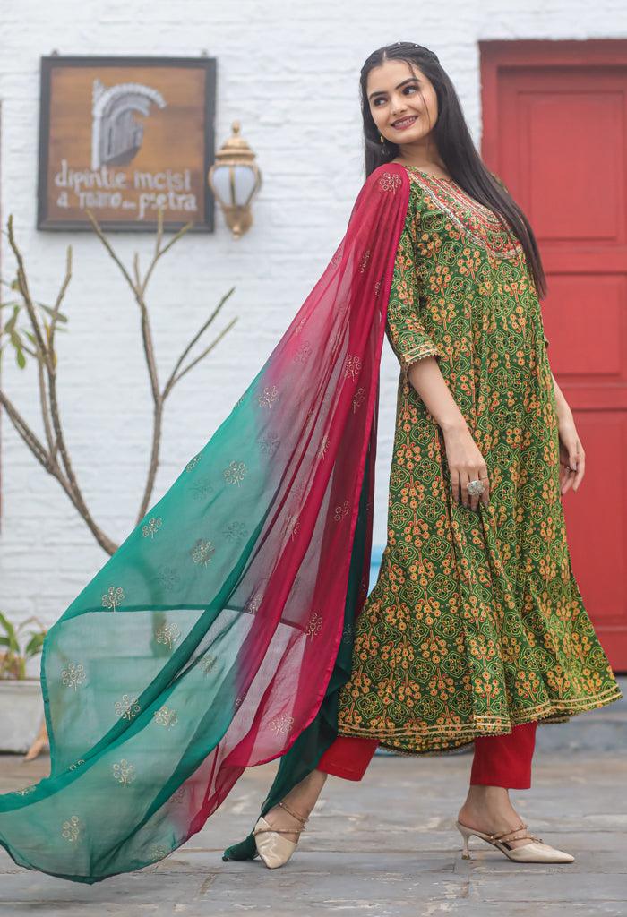 Green red pure cambric cotton embroidered kurta set with dupatta